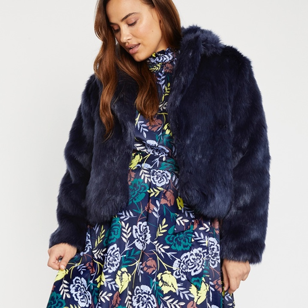 Eloquii Navy Faux Fur Cropped Jacket